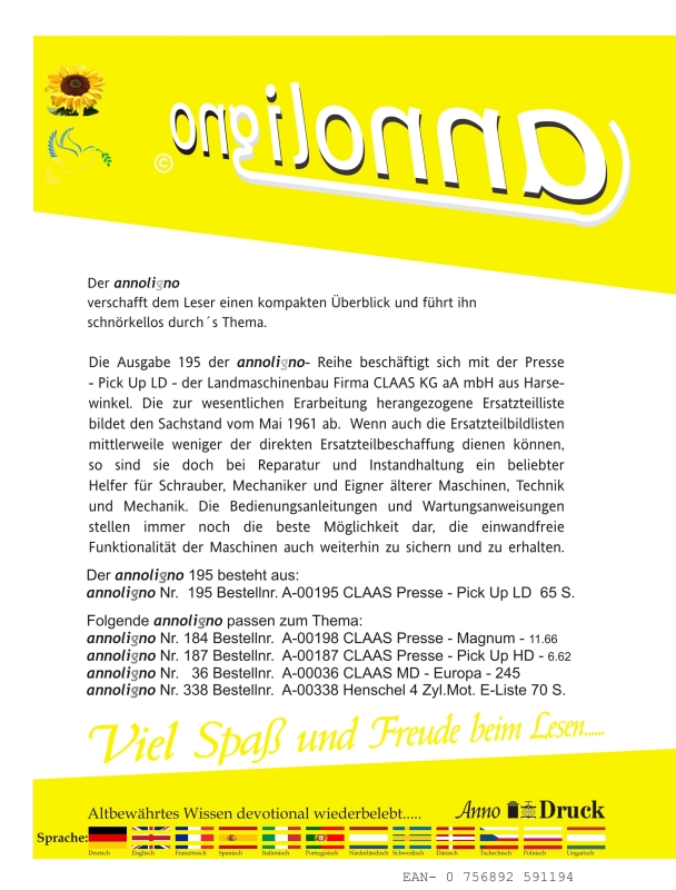 CLAAS Presse Typ Pick Up LD Bild- Ersatzteilliste & Explosionszeichnungen - annoligno 195 -